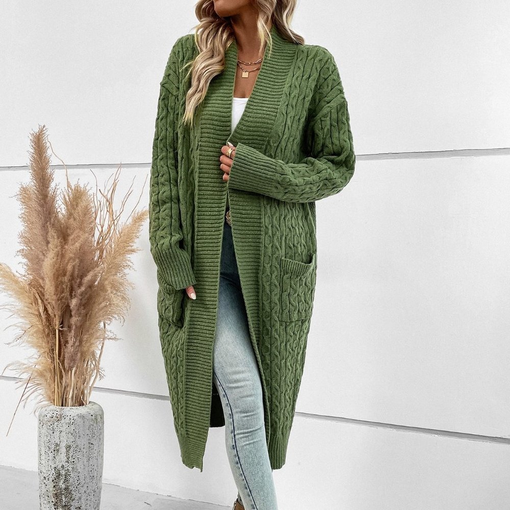 Green Casual Womens Dual Pocket Drop Shoulder Cable Knit Duster Cardigan - Picture 5 of 5
